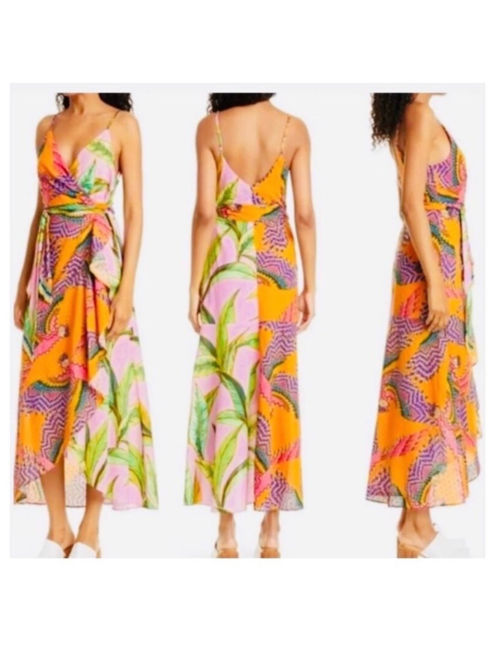 FARM Rio Mixed Prints Beaded Macaw Pink Foliage Midi Wrap Dress - Small
